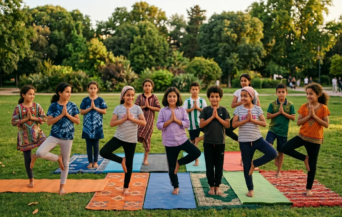Enfants en séance de yoga en extérieur - Summer Camp Austen Academy Kenitra
