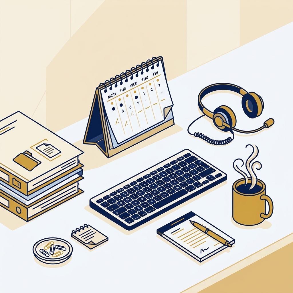 Illustration Assistante Polyvalente : dossiers, calendrier, clavier, casque et tasse