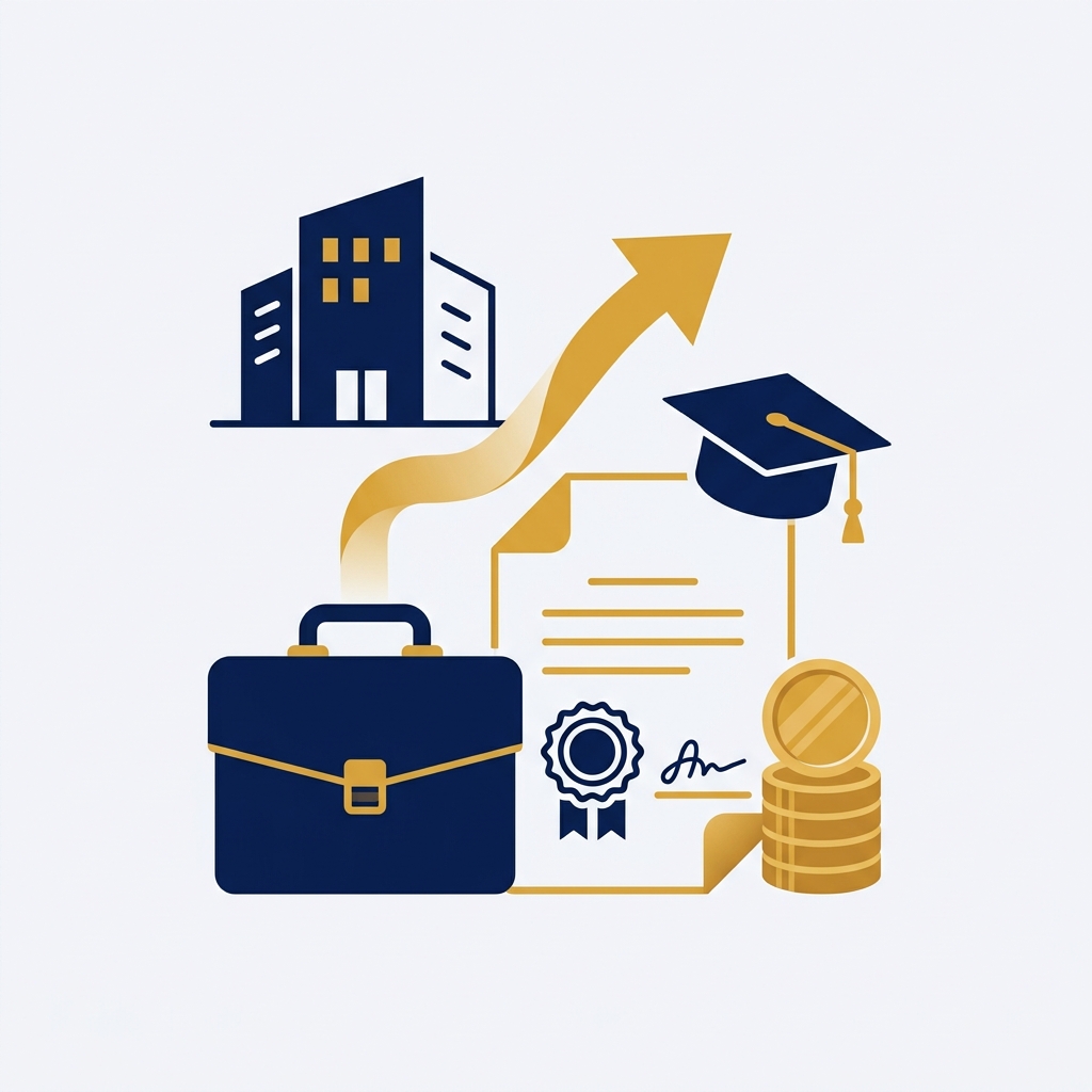 Illustration formations CNSS OFPPT : entreprise, document officiel, mallette, flèche de remboursement et pièces