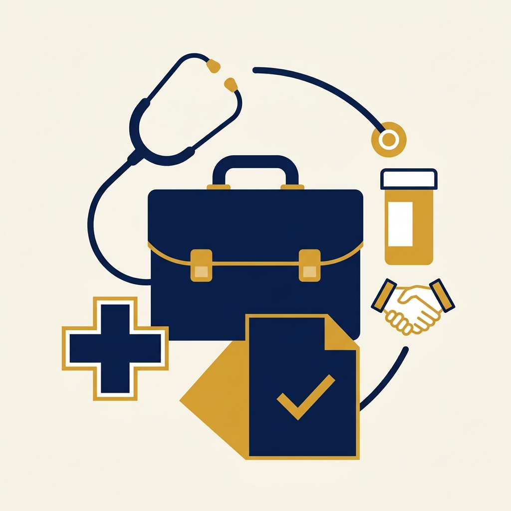 Illustration Délégué Médical : mallette, stéthoscope, flacon pharmaceutique et croix médicale