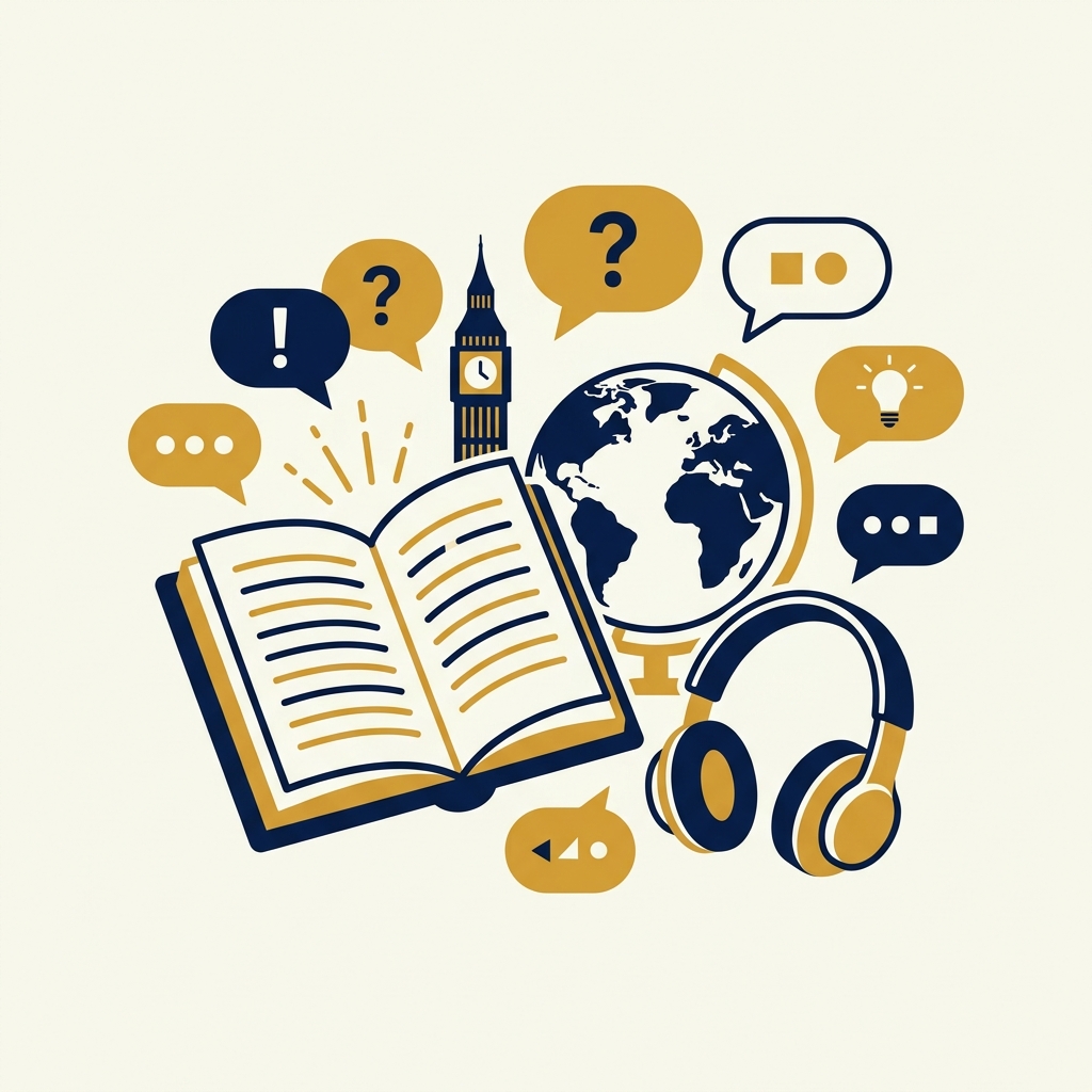 Illustration anglais : livre ouvert, globe et casque audio
