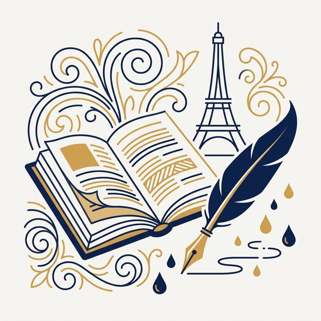 Illustration français : livre ouvert, plume et tour Eiffel