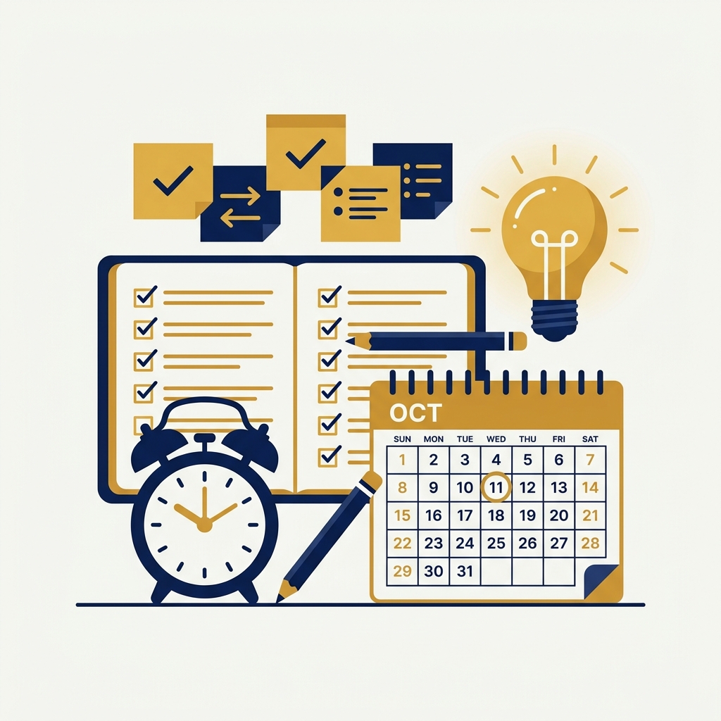 Illustration méthodes : carnet, horloge, calendrier et ampoule idée